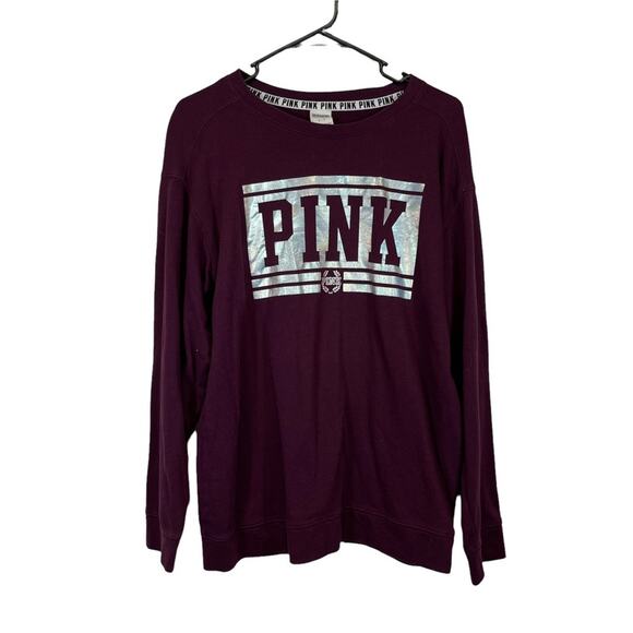 PINK Victoria's Secret Maroon Holographic Foil Logo Sweatshirt Size Small - Picture 1 of 6
